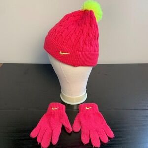 Nike Youth Swoosh Knit Pom Beanie Hat & Gloves Set Neon Pink/Green Girls